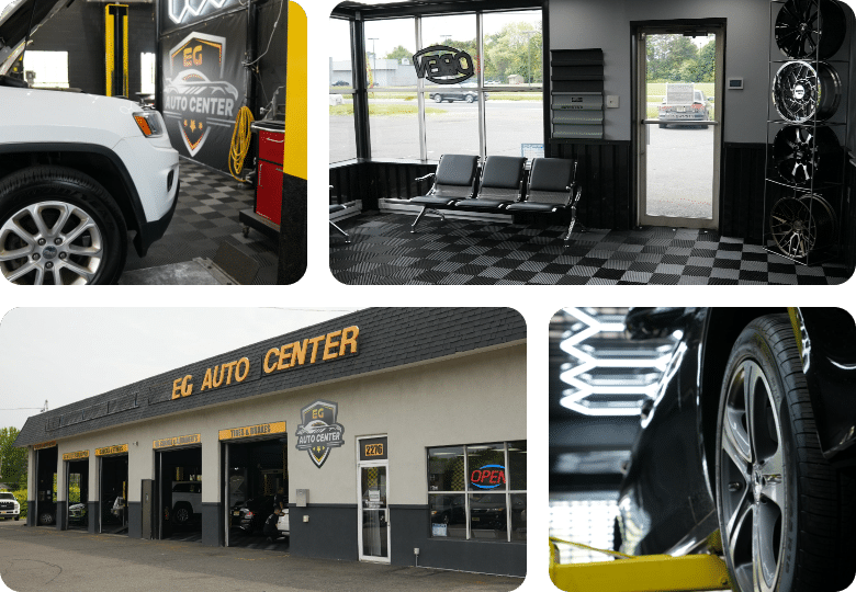 A collage of photos showing the interior and exterior of EG Auto Center in Dayton, NJ