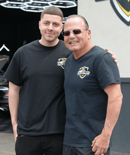 Pete and an auto technician at EG Auto Center in Dayton, NJ
